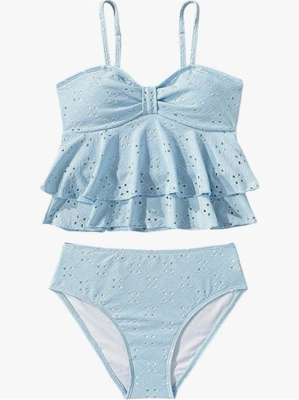 Light Blue Eyelet Ruffle Tankini Set - Kids Swim